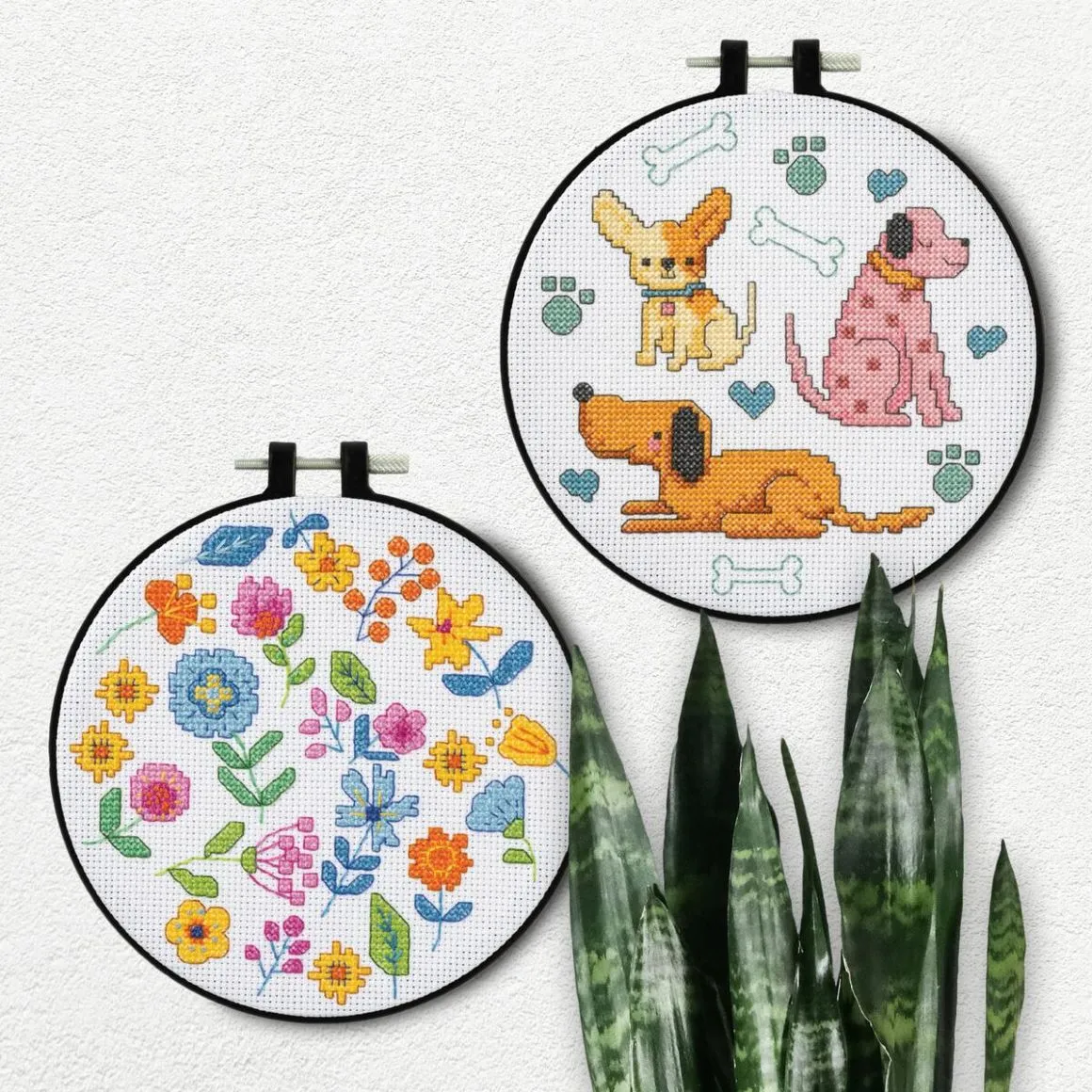 Dog Trio & Florals - Bucilla Digital Cross Stitch Pattern